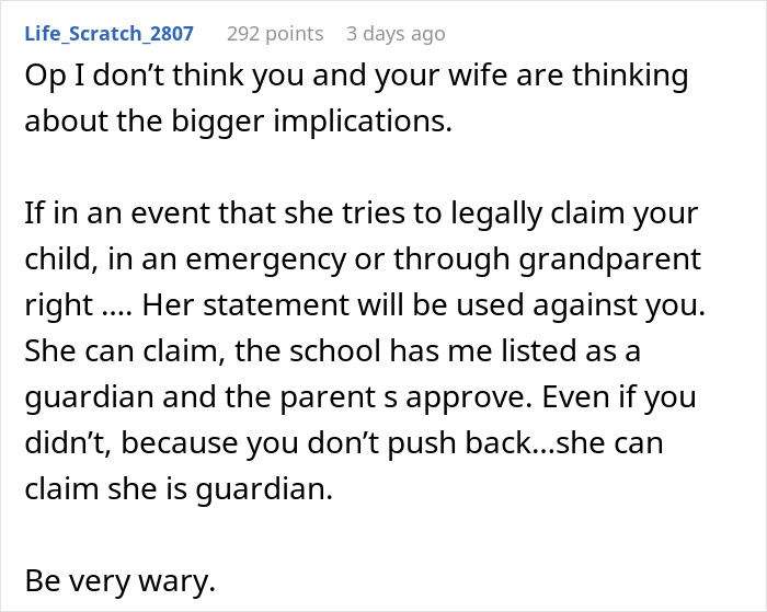 Screenshot of a Reddit comment warning about granny pretending to be kid&rsquo;s guardian and potential legal risks.