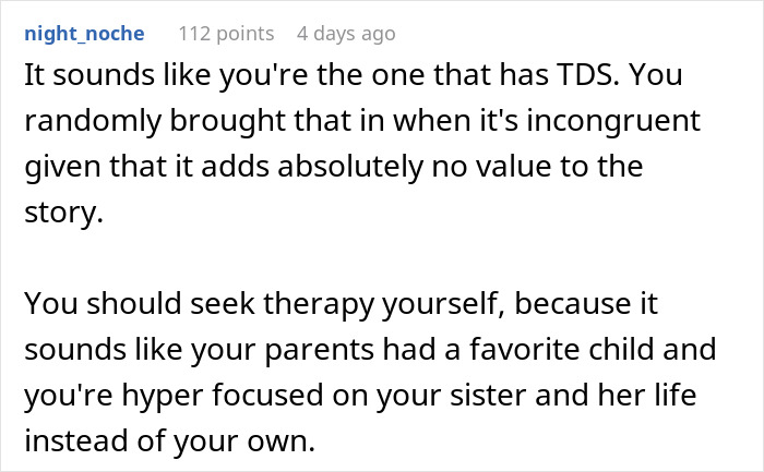 Comment discussing family therapy and sibling rivalry in a parenting conflict where kids call uncle for help online.