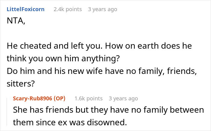 Reddit conversation showing a cheating guy’s ex-wife refusing to be limo driver for his new kid, receiving a swift reality check.