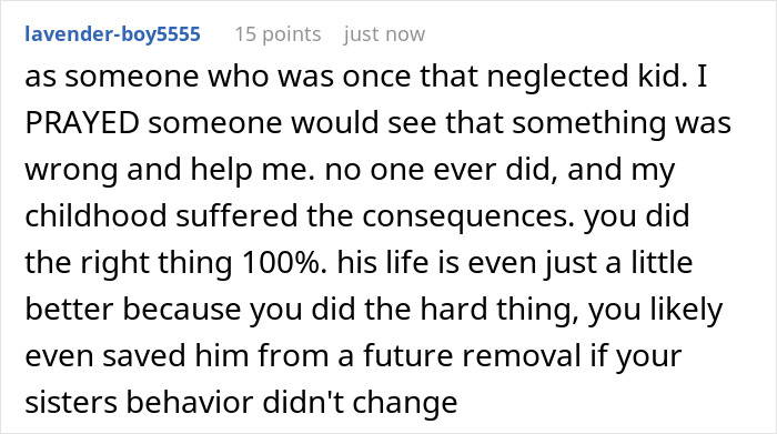 Reddit comment about a lady secretly reporting sister to CPS to make her more responsible and protect a child&rsquo;s future.