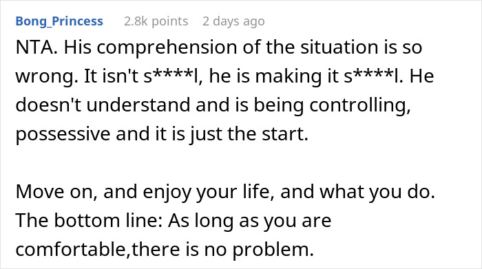 Comment discussing a guy who can’t handle his actress girlfriend changing in front of other men and suggesting quick change of boyfriends.