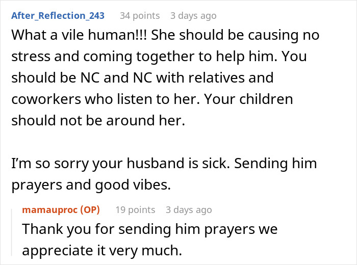 Reddit comments criticizing a mother-in-law praised by family but issuing a harsh ultimatum to her terminal son.
