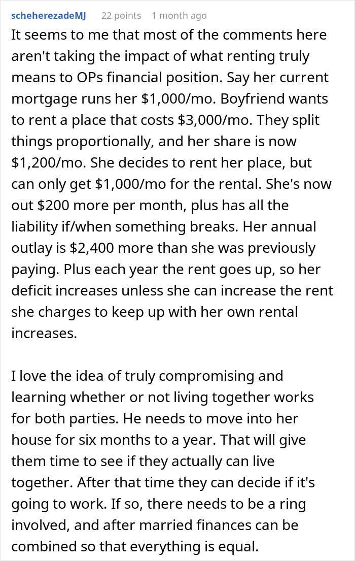 Text comment discussing financial impact of renting and living arrangements between a man and his girlfriend&rsquo;s apartment.