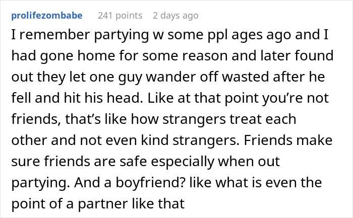 Alt text: Text post discussing boyfriend abandoning girlfriend on date night and the importance of friends ensuring safety while partying.