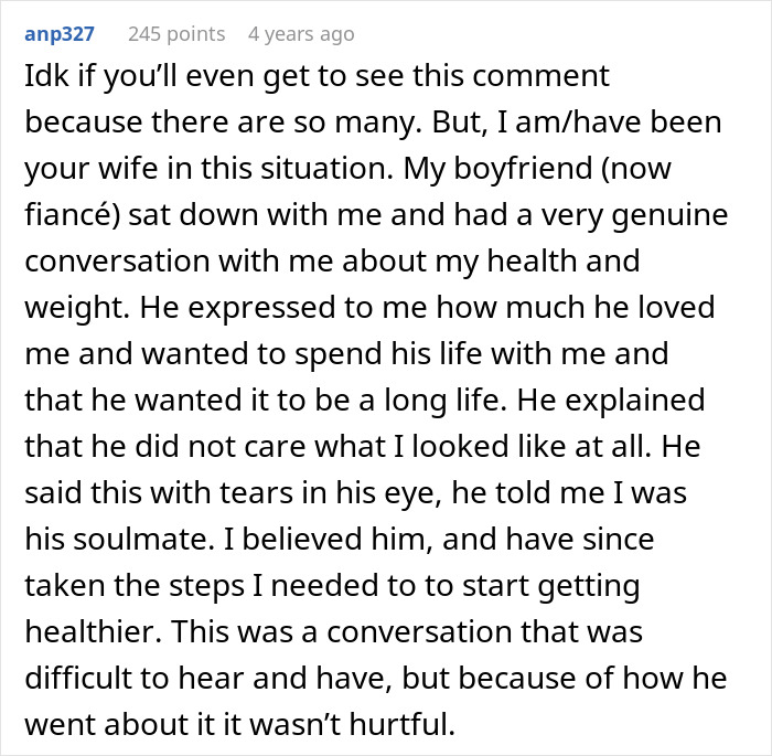 Comment reflecting on a husband struggling to accept his wife&rsquo;s weight gain and their heartfelt conversation about health.