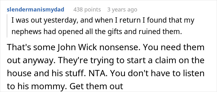 Screenshot of a Reddit comment about a woman kicking late husband's brother and his kids out for using his clothes and stuff.