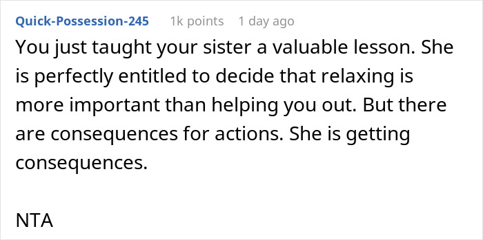 Comment discussing consequences for a woman who asks favors from family but does not reciprocate when they need help.
