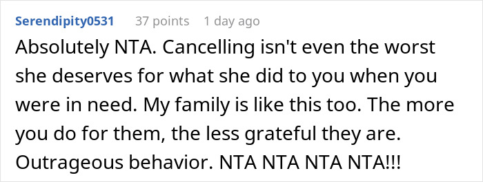 Screenshot of a forum comment discussing a woman who keeps asking for favors from family but does not reciprocate help.