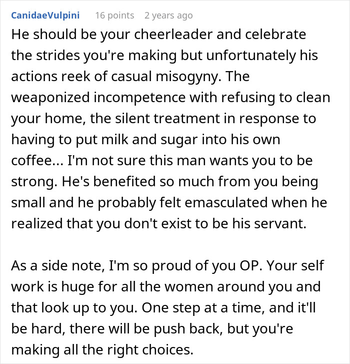 Comment text discussing a man taking advantage of a wife&rsquo;s submissive nature and her standing up for herself.