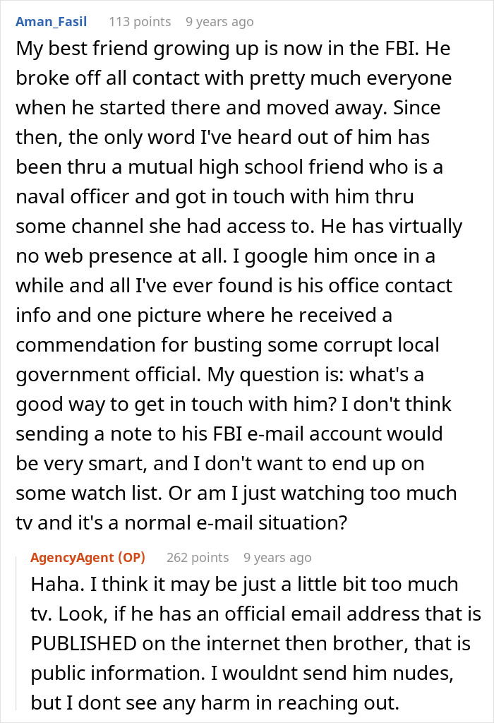 Screenshot of an online AMA conversation featuring a former CIA case officer answering questions about contact and internet presence.