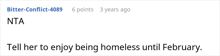 Screenshot of an online comment discussing refusal to babysit and clean leading to housing conflict between sisters.