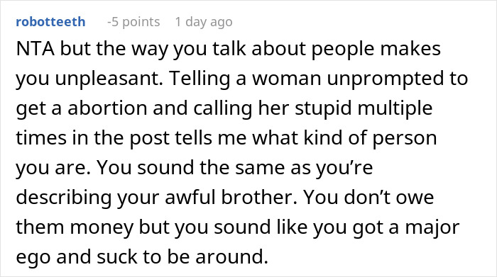 Screenshot of a Reddit comment discussing refusing to help a spoiled brother and family conflict over behavior.