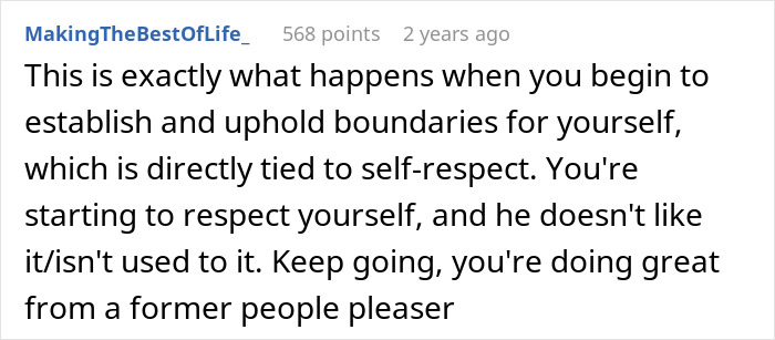 Comment about a man taking advantage of wife&rsquo;s submissive nature and her standing up for herself, promoting self-respect.