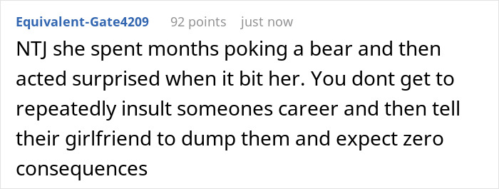 Comment discussing someone belittling an electrician for working with his hands and facing consequences.