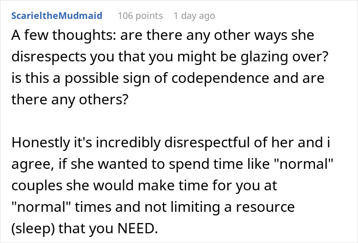 ALT text: Reddit comment discussing disrespect and codependence in couples when one wakes partner repeatedly, affecting needed sleep.