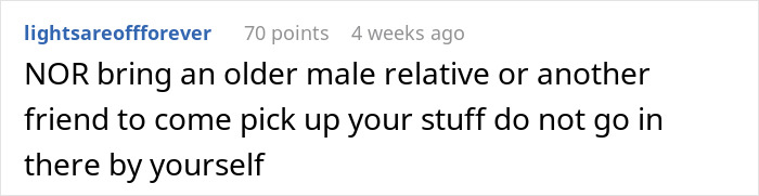 Text post with a user warning about not going alone to pick up belongings, related to woman wondering if conversations with boss were inappropriate after boyfriend loses it.