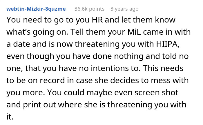 Comment discussing a nurse stressed about MIL on a secret date and HIPAA issues threatening her at work.