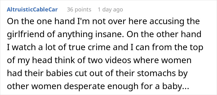 Screenshot of a Reddit comment discussing a girlfriend obsessed with pregnancy and the daughter's horrified reaction to baby fever.