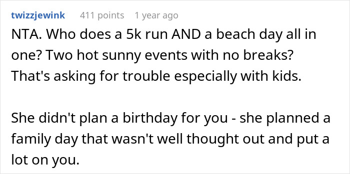 Comment discussing challenges of a 5K run and family day with toddlers, relating to husband&rsquo;s birthday plans.