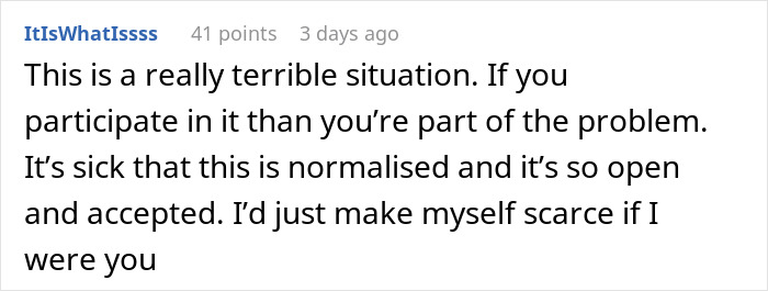 Comment text on social platform discussing a terrible situation involving family and a wife left clueless.