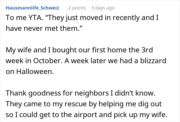 Text post showing a discussion about neighbors and a blizzard shortly after buying a new home in October.