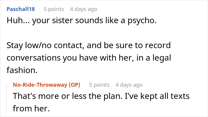 Alt text: Online conversation about a woman going berserk on her brother for meddling in her parenting situation.