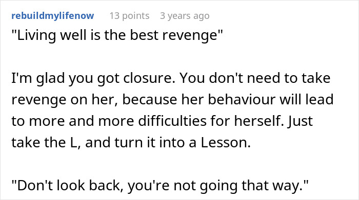 Screenshot of a Reddit comment discussing closure and lessons after a woman suggests an open relationship.