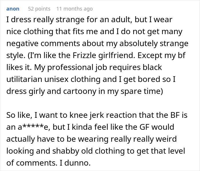 User comment discussing feeling embarrassed by girlfriend&rsquo;s unique style and its impact on childhood trauma.