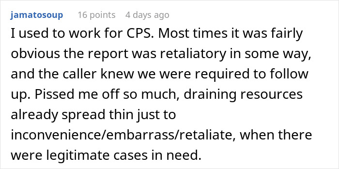 Comment highlighting frustration over retaliatory reports and exhausted resources in postpartum boundary cases.