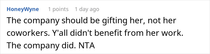 Reddit comment discussing woman refusing to contribute $50 to a coworker's retirement gift after conflict at work.