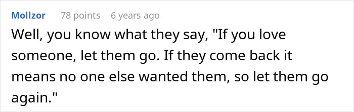 Screenshot of a forum comment discussing a man giving his wife a second chance after she leaves and begs him back.