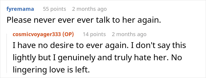 Reddit comment thread discussing intense emotions and retaliation related to postpartum boundaries and family conflict.