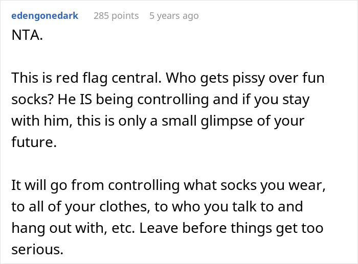 Comment discussing controlling behavior over woman&rsquo;s fun sock collection and warning about a trashed boyfriend&rsquo;s influence.