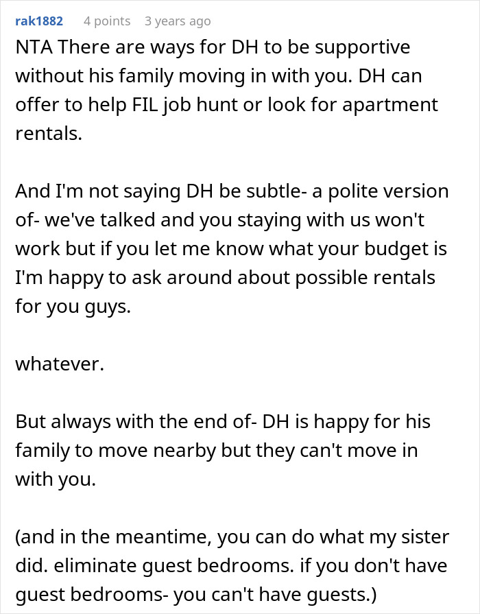 Comment discussing solutions for a woman fed up with in-laws constantly showing up unannounced and moving in issues.