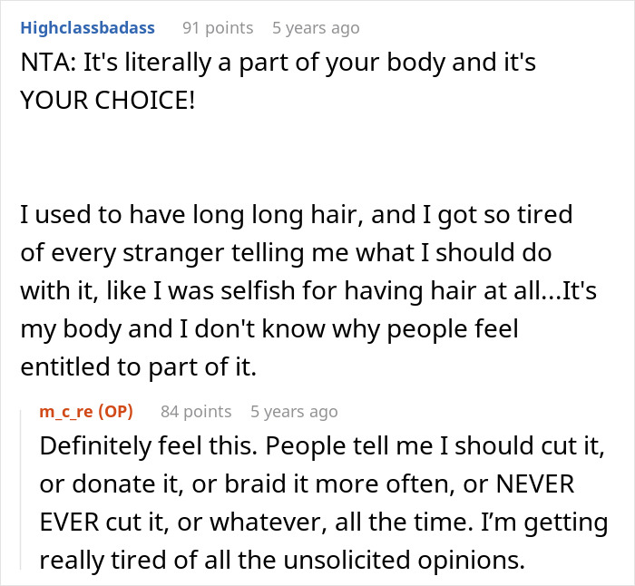 Conversation about refusing to cut long hair to donate for sister&rsquo;s wig, highlighting personal choice and entitlement.