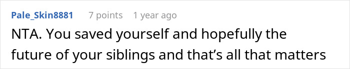 Screenshot of a forum comment praising a teen for escaping a horrible family situation after a step-father misstep.