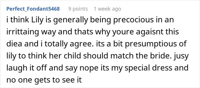 Comment discussing an attention-seeking mom wanting to dress her young daughter in the same dress as the bride.
