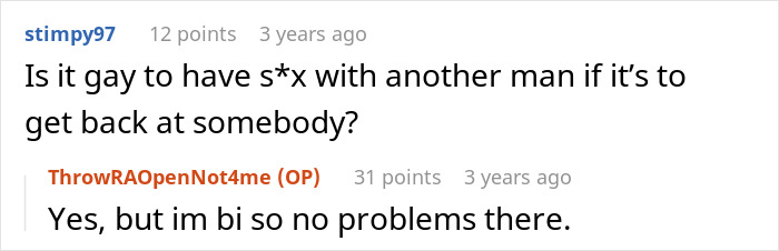 Screenshot of an online forum discussion about open relationships and s****l orientation in a breakup context.