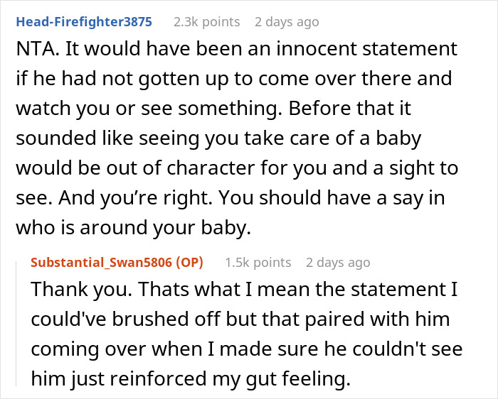Reddit thread discussing a mom&rsquo;s concerns about a creepy comment and protecting her baby from a friend.