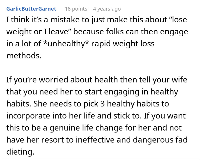 Comment discussing a husband struggling to accept his wife&rsquo;s weight gain and focus on healthy habits.