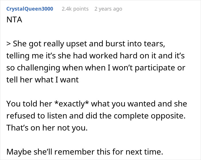 Reddit comment explaining how wife cried after throwing big party for husband despite his wishes, seeking praise.