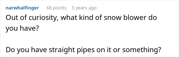 Comment by narwhalfinger asking about the type of snowblower and if it has straight pipes, posted five years ago.