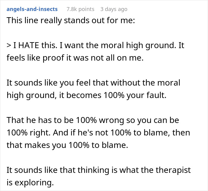 Screenshot of an online discussion where a user reflects on morality, blame, and therapist insights about a cheating husband.