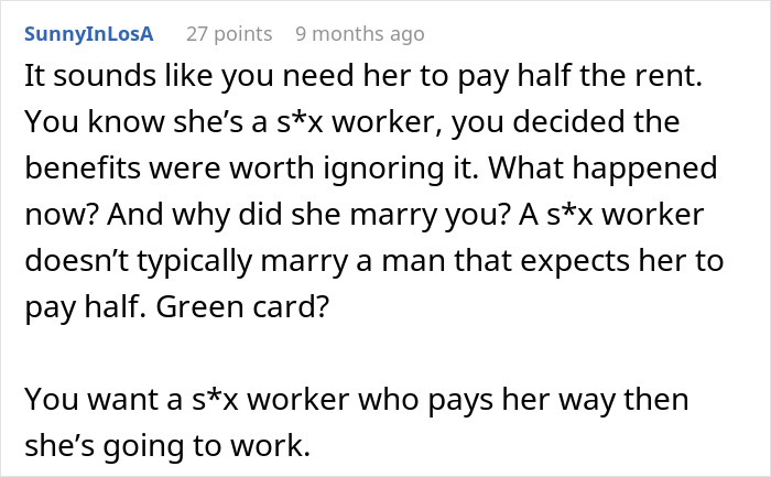 Comment discussing issues related to a wife faking transactions to hide income source in a rent payment context.