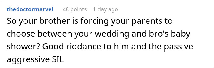 Comment about groom&rsquo;s brother causing drama at wedding and hosting a baby shower on the same day in a social media post.
