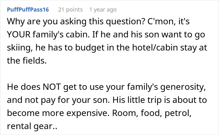 Comment discussing financial responsibility and ski pass budget issues after partner leaves son without a ski pass.