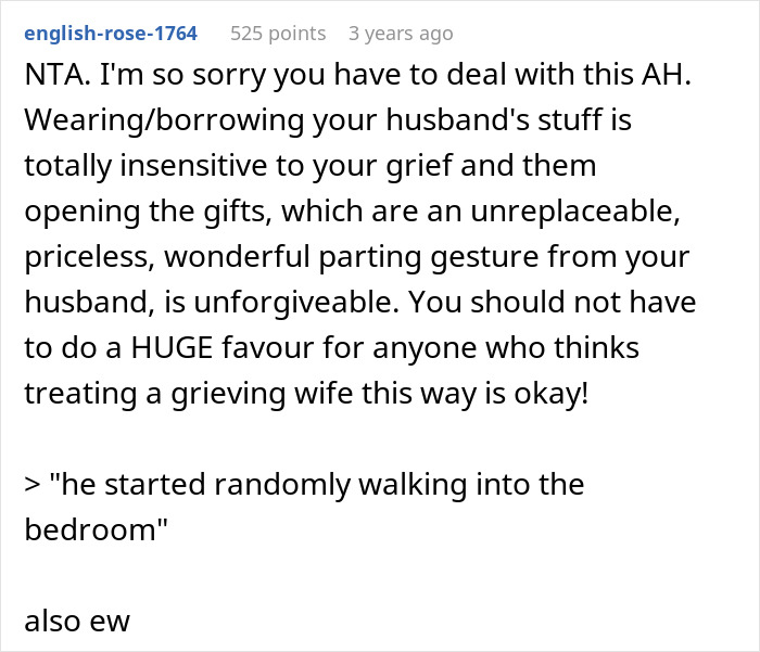 Reddit comment criticizing husband&rsquo;s brother for wearing his clothes and using his stuff during grief.