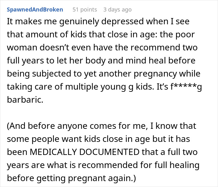 Comment expressing concern about parents having multiple kids close in age and recovery recommendations between pregnancies.