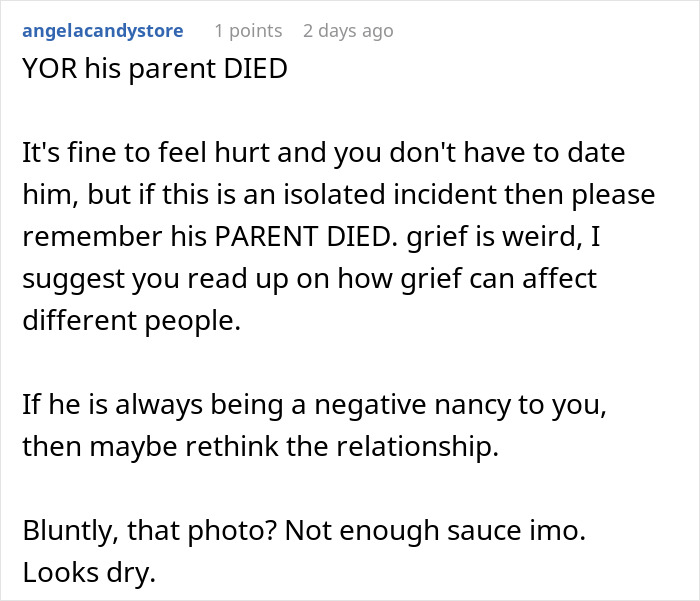 Screenshot of a comment discussing grief and relationship advice after a woman brings leftovers to support her boyfriend in mourning.