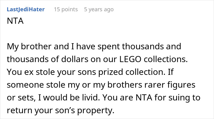 Screenshot of a comment discussing stolen expensive Lego sets involving a cheating ex-wife's boyfriend and legal action.